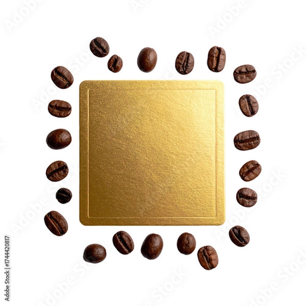 Fototapeta Gold square surrounded by roasted coffee beans on black. Overhead view, isolated, close up