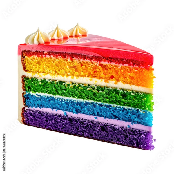 Fototapeta A vibrant slice of cake featuring rainbow layers and a glossy top