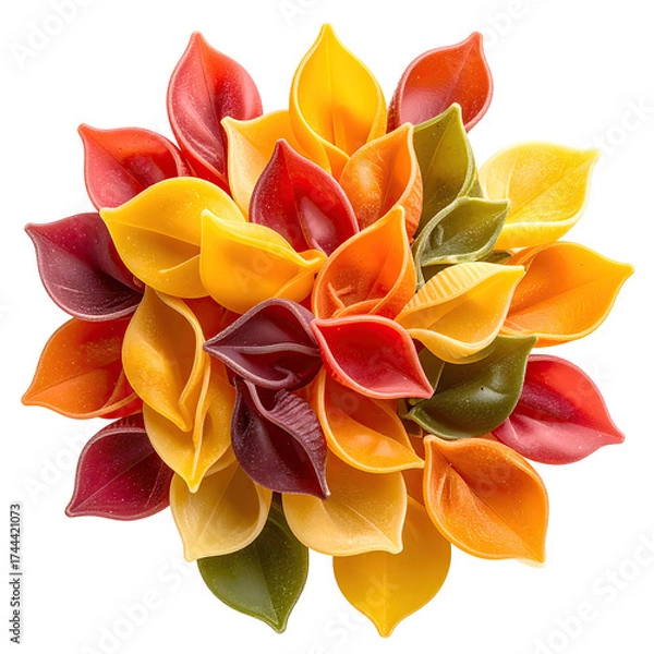 Fototapeta Close-up of colorful shell pasta arranged in a circular pattern on a black background