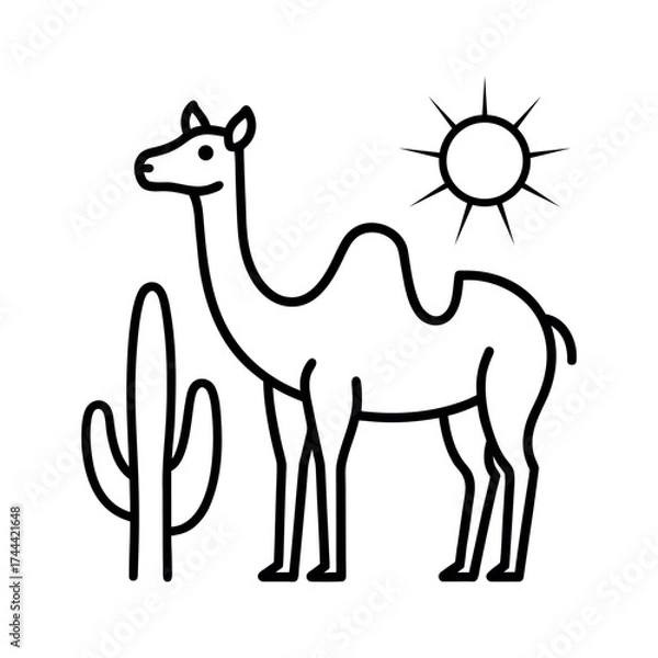 Fototapeta Camel standing in the desert with cactus coloring page vector
