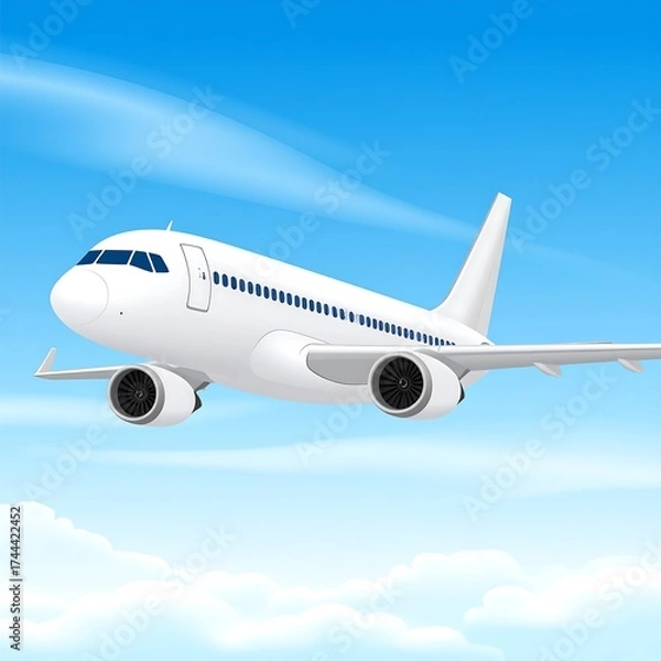 Fototapeta White jet airplane soaring through a partly cloudy blue sky