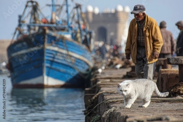 Obraz A cat carrying fresh fish in mouth, funny street pet photography