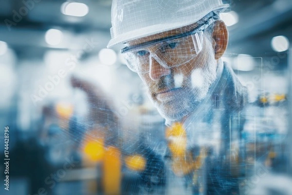 Obraz Futuristic Engineer with Smart Glasses and City Double Exposure