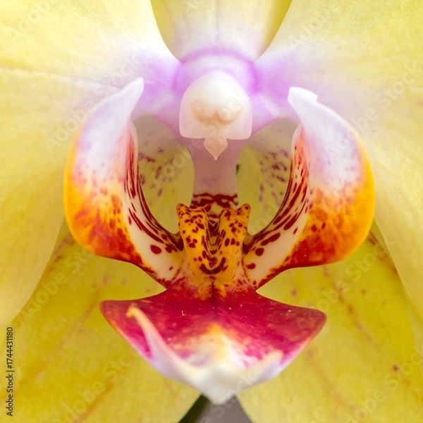 Fototapeta Close-up of a yellow orchid's center. Vibrant yellow petals frame a complex, symmetrical interior of white, purple, and red/orange markings