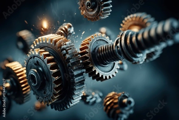 Obraz Shiny Metallic Gears in Abstract Mechanical Composition