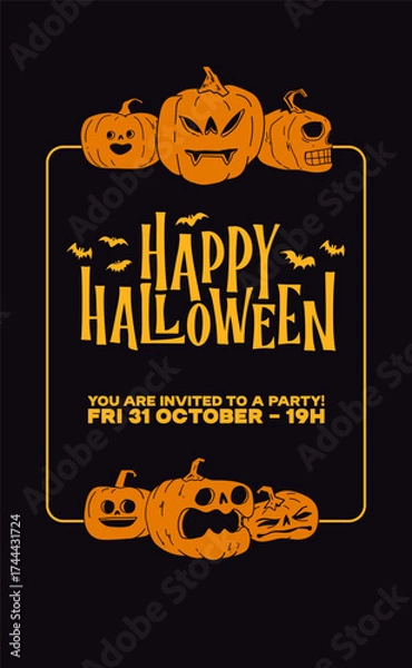 Obraz Minimal Halloween poster with cartoon pumpkins and text layout, purple and orange color palette