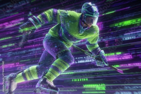 Obraz Futuristic Cyberpunk Hockey Player in High-Speed Digital Arena Action
