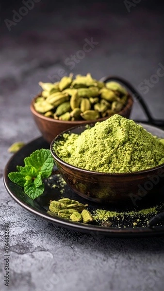 Obraz Ground cardamom spice in a bowl, beside whole cardamom pods