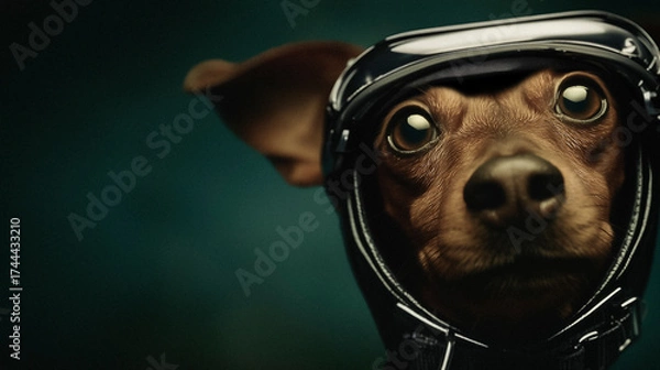 Fototapeta Playful studio portrait of a brown dog wearing a vintage helmet, expressing curiosity and humor through stylish lighting and modern pet photography aesthetics
