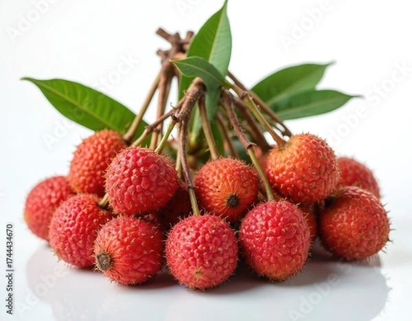 Fototapeta Bunch of fresh lychee fruits with green leaves. Ripe red lychees isolated on white background. Tropical fruit closeup. Healthy food with vitamins. Nature concept for design.