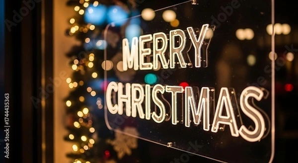 Fototapeta Merry Christmas neon sign with festive lights and tree background