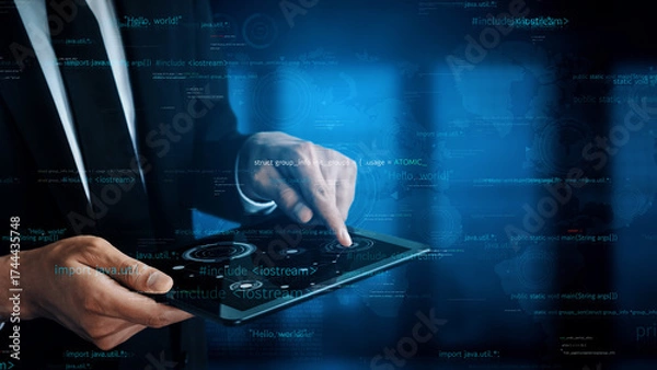 Fototapeta A businessman engages with a digital tablet, navigating a modern interface filled with data and analytics, symbolizing technological advancement in business scenarios. Xenic