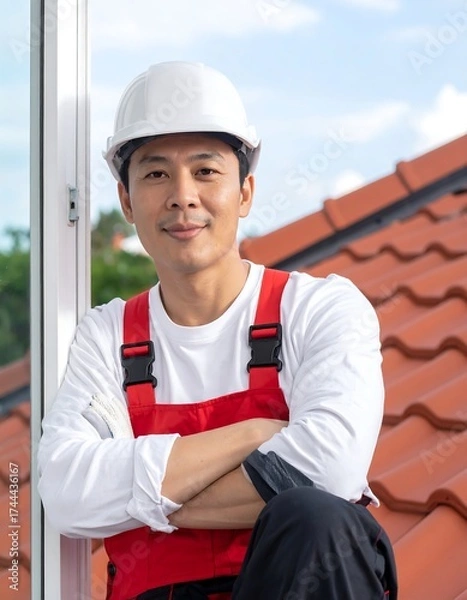 Obraz Smiling worker in red overalls and white helmet sits on a rooftop