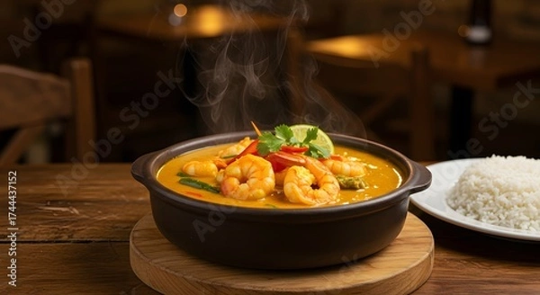 Fototapeta A bowl of shrimp curry with rice on a wooden table in a restaurant setting with steam rising up
