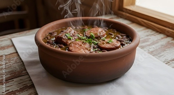 Fototapeta A steaming bowl of feijoada with sausage and beans on a table near a window with natural light