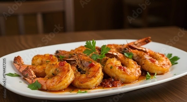 Fototapeta Close up of grilled shrimp with sauce and parsley on a white plate on a wooden surface top view
