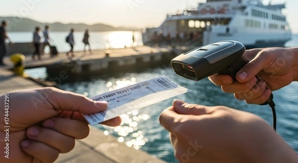 Fototapeta Scanning a ferry ticket with a barcode scanner at a dock with a ferry in the background at sunset