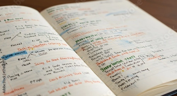 Fototapeta Open notebook filled with handwritten notes and colorful markings on a wooden surface close up
