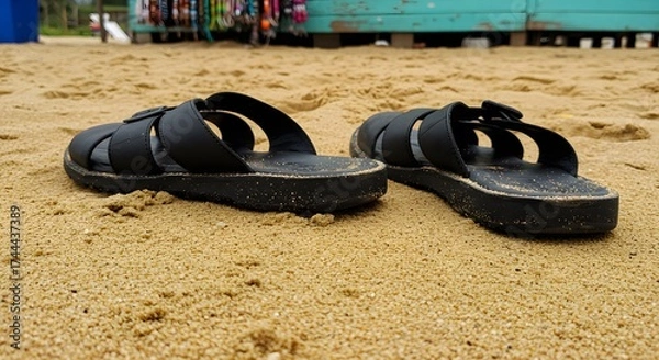 Fototapeta A pair of black sandals sitting on a sandy beach with a turquoise structure in the background