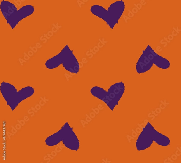 Obraz Seamless purple brush hearts on orange background, bold modern romantic pattern