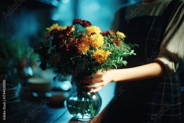 Fototapeta Brightly colored flowers arranged in glass vase, softly illumina