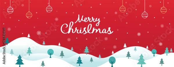 Fototapeta Merry Christmas winter landscape with tree and snow. Festive holiday banner background for greeting cards, posters, and web design. Cheerful Christmas vector illustration.