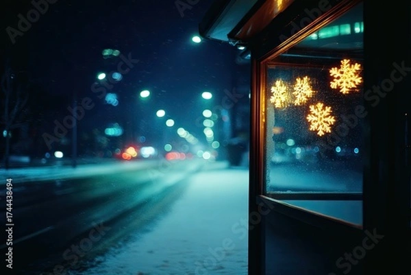 Obraz Bright snowflakes illuminate bus stop, contrasting with quiet sn