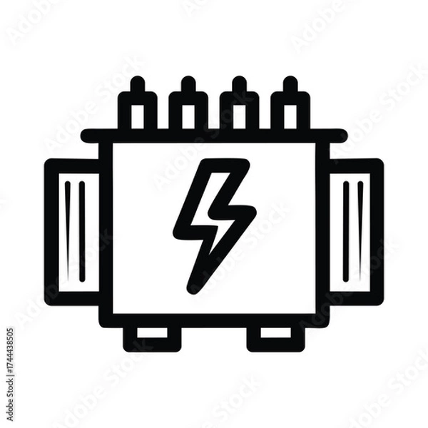 Fototapeta Vector art of black and white outline icon of an electrical transformer with a lightning bolt symbol