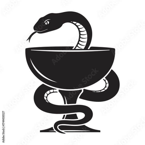 Fototapeta Vector art of black silhouette of the rod of asclepius, a serpent entwined around a goblet