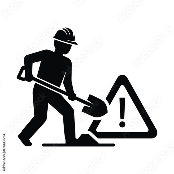Fototapeta Vector art of silhouette of a construction worker digging with a shovel next to a warning sign