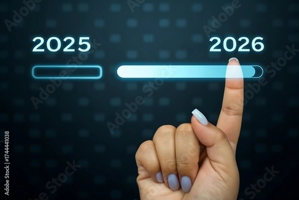 Fototapeta Finger pressing glowing progress bar advancing from 2025 to 2026 on futuristic digital background
