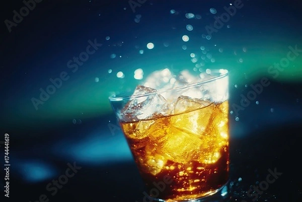 Obraz Golden liquid splashes against ice cubes in glass, illuminated b