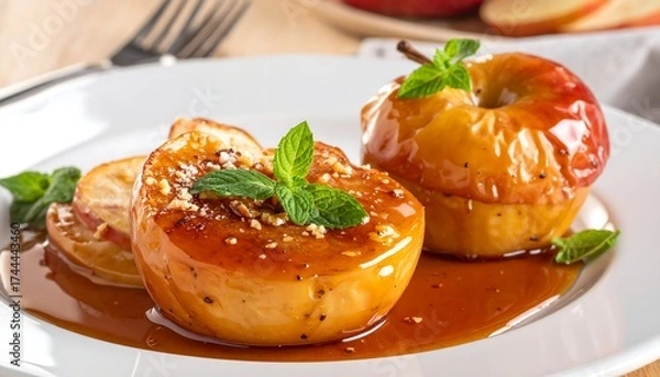 Obraz Two caramelized apples, drizzled with syrup, garnished with mint and nuts, sit on a white plate