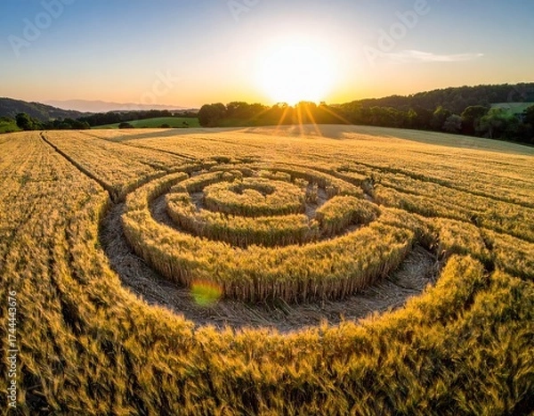 Fototapeta Crop circle spiral formation in golden wheat field at sunset