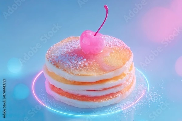 Fototapeta Fluffy pancakes stacked high, topped with glossy cherry and spar