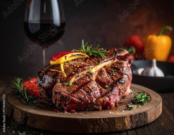 Fototapeta Grilled T bone steak serving with red wine