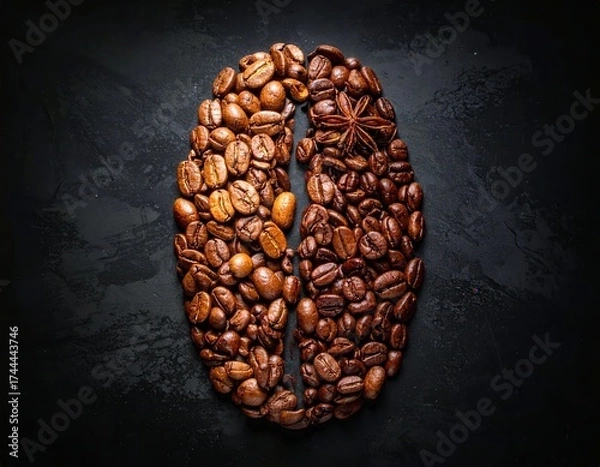 Fototapeta Coffee beans forming a large bean shape on black background