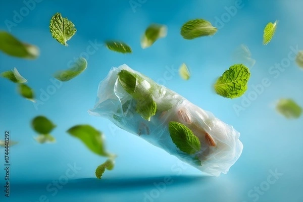 Obraz 3D Rice Paper Roll Levitating in Front of a Sky Background for Creative Asian Cuisine