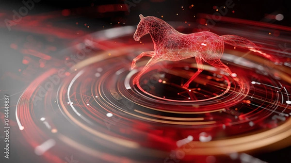 Fototapeta A vibrant red horse symbolizes the New Year 2026, blending tradition with technology. The artistic design reflects a festive spirit, merging culture and innovation