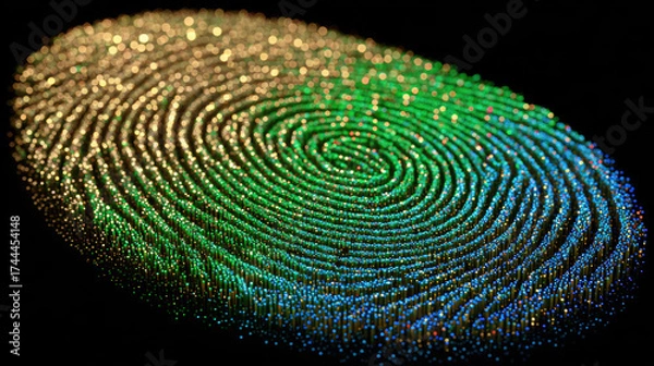 Fototapeta Luminescent fingerprint on black background, close-up. Digital identification concept