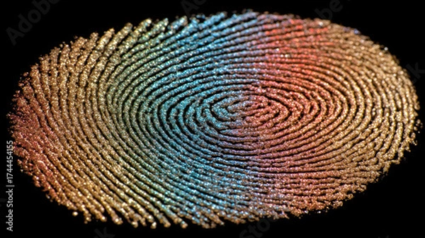 Fototapeta Multi-colored fingerprint on black background, identification concept