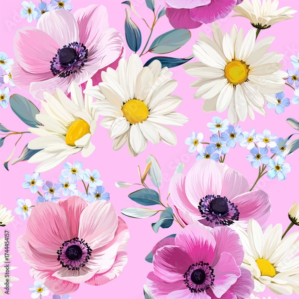 Fototapeta Pattern with summer and spring flowers. Vector floral pattern with bright flowers. For paper, fabric, packaging and interior design. 