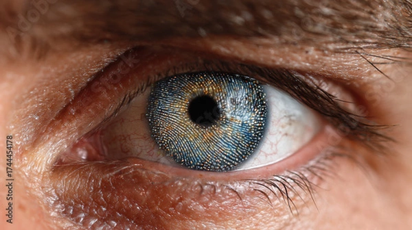 Fototapeta Human eye with fingerprint-like pattern on iris - concept of face scanning, biometric identification