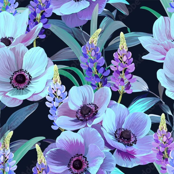 Fototapeta Pattern with summer and spring flowers. Vector floral pattern with bright flowers. For paper, fabric, packaging and interior design. 