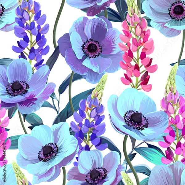 Fototapeta Pattern with summer and spring flowers. Vector floral pattern with bright flowers. For paper, fabric, packaging and interior design. 
