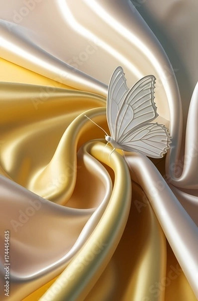 Obraz Elegant white butterfly resting on shimmering golden silk fabric in soft light and luxury design