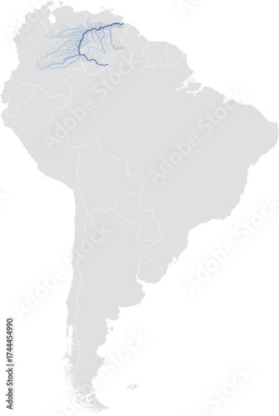 Fototapeta Orinoco river system – rivers vector map of South America highlighting main stem, primary and secondary tributaries (LCC, scaled by river size, PPT-compatible, multi-layered & fully editable)