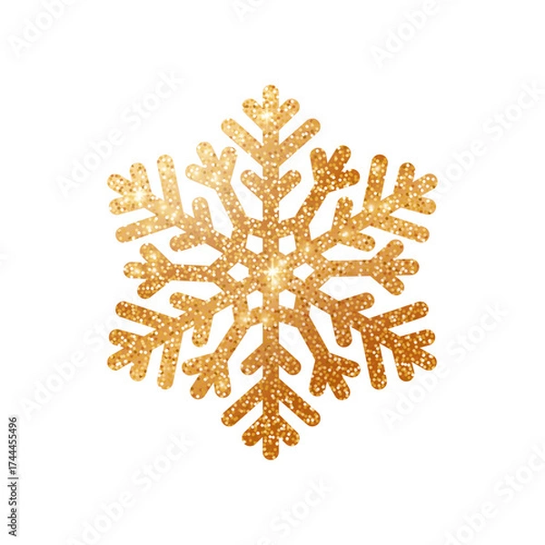 Fototapeta Christmas gold snowflake with glitter isolated on white background. Luxury realistic golden snowflake toy with light effect and sparkle for Christmas tree. Vector illustration