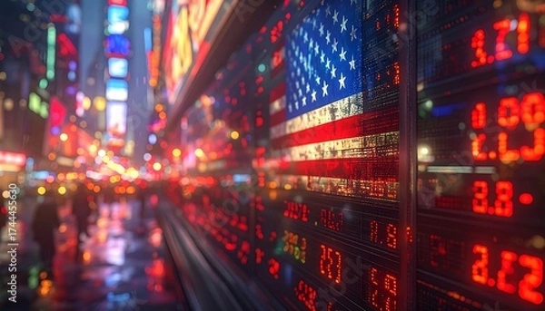 Fototapeta Nighttime city street scene with American flag on a stock ticker board.  Blurred pedestrians and vibrant city lights in the background.  Digital displays of financial data