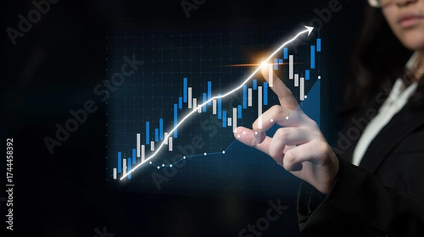 Obraz A business woman engages with a futuristic touch screen displaying growth charts, symbolizing financial advancement and market analysis in a professional setting. Impute
